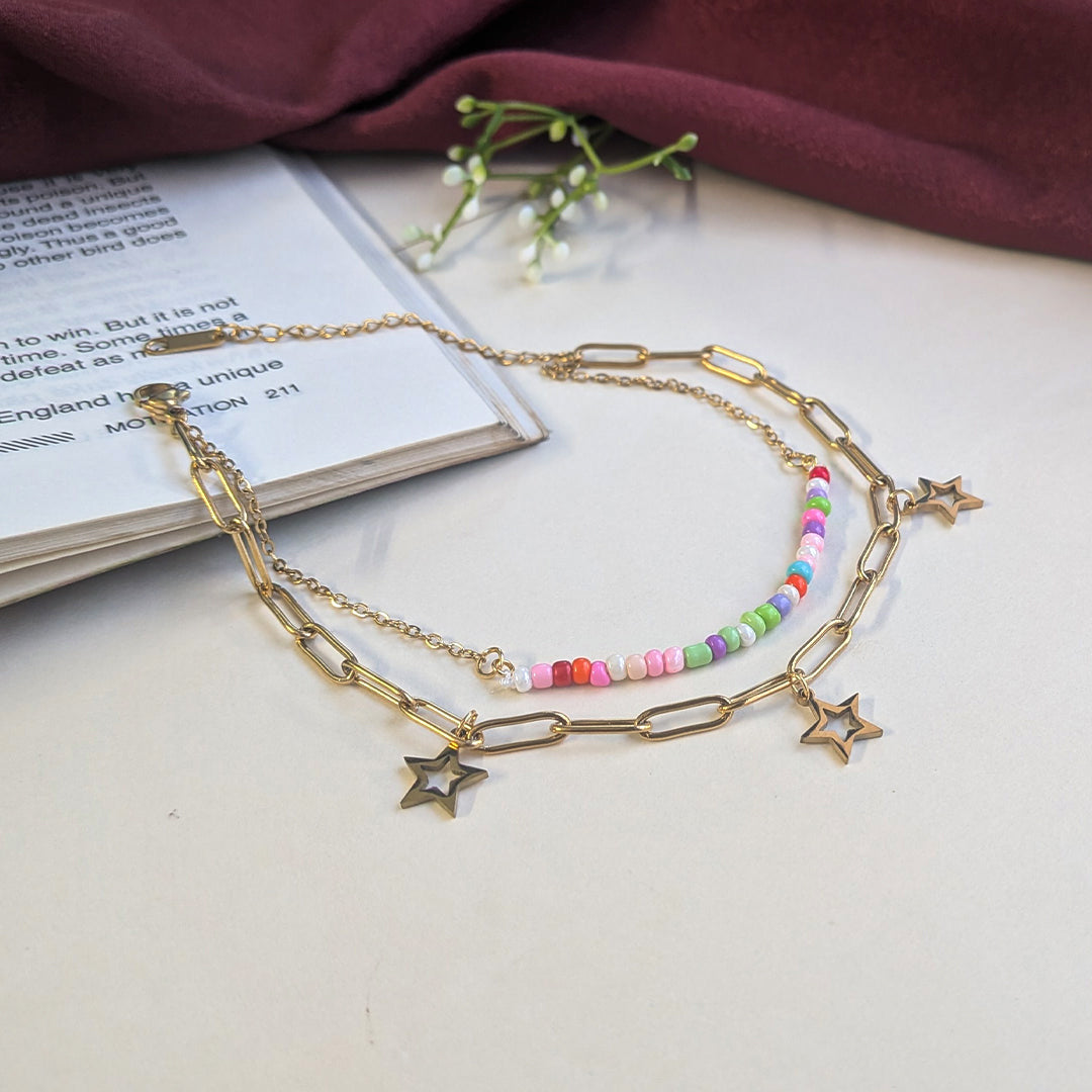 Double Layer Gold Finish Star With Colorful Bead Anklet For Girls & Women