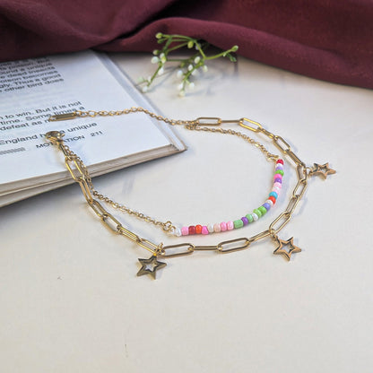 Double Layer Gold Finish Star With Colorful Bead Anklet For Girls & Women