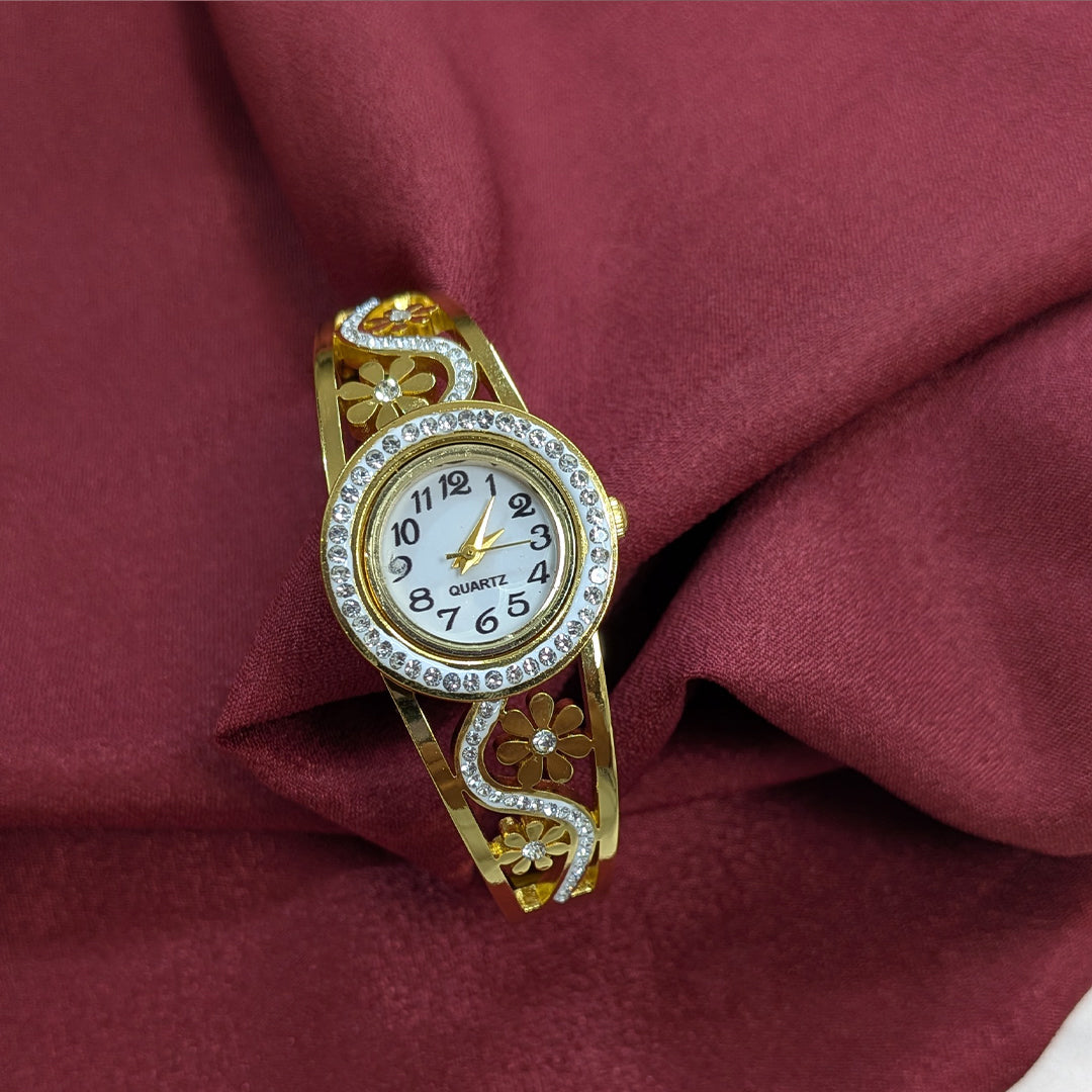 Classic Analog AD Studded Floral Band Bracelet Watch For Girls & Women