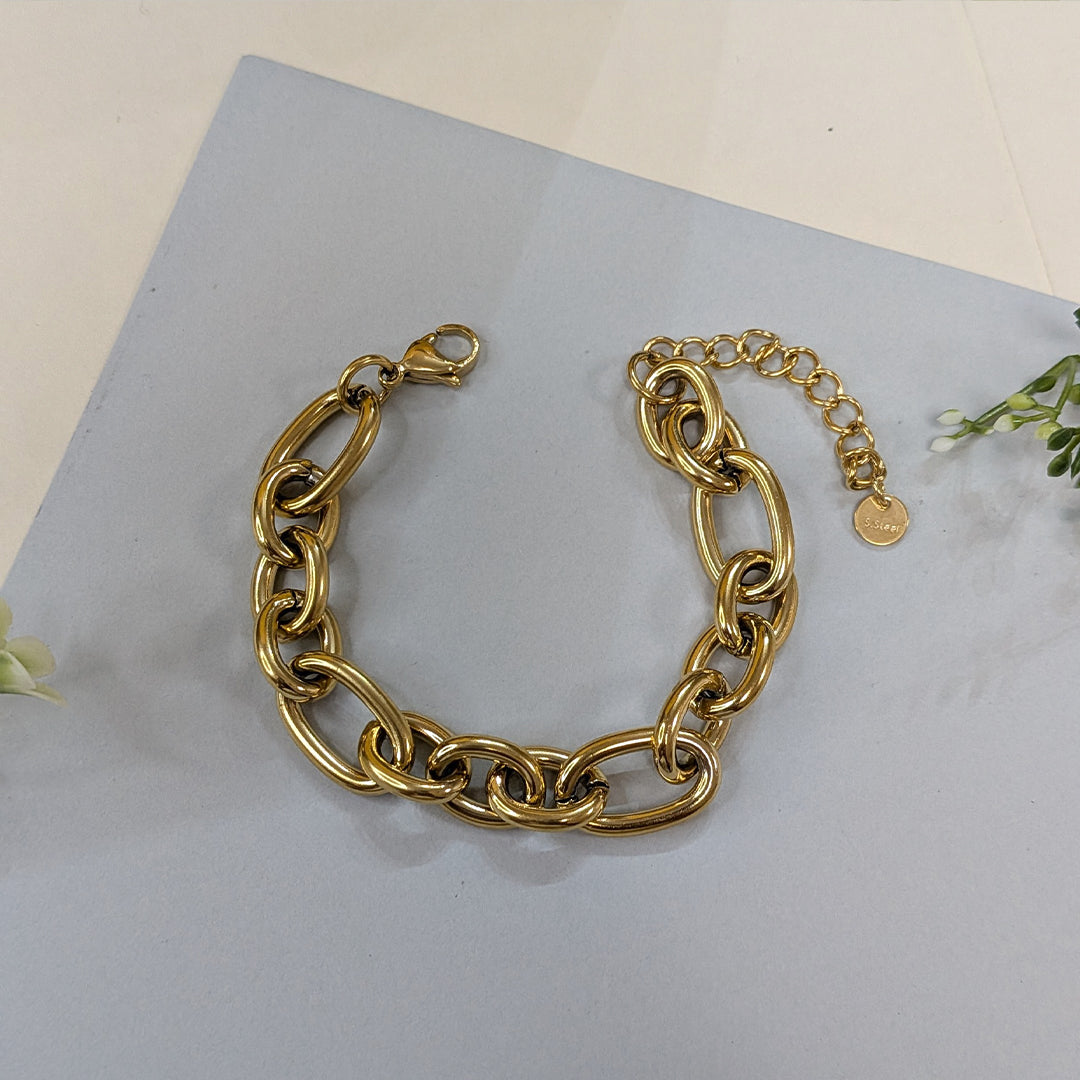 Gold Finish Thick Twisted Oval Link Bracelet For Girls & Women (Anti-Tarnish)