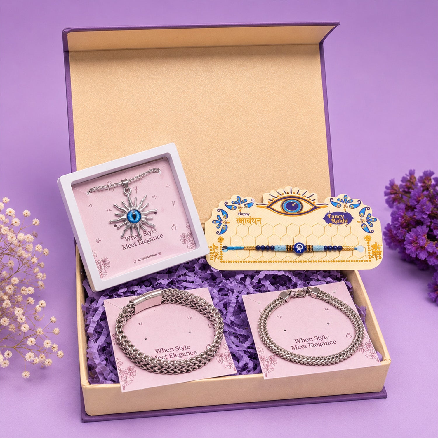 Rakhi with Stylish Pendant Necklace & 2 Trendy Bracelets Gift Box