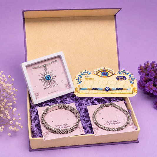 Rakhi with Stylish Pendant Necklace & 2 Trendy Bracelets Gift Box