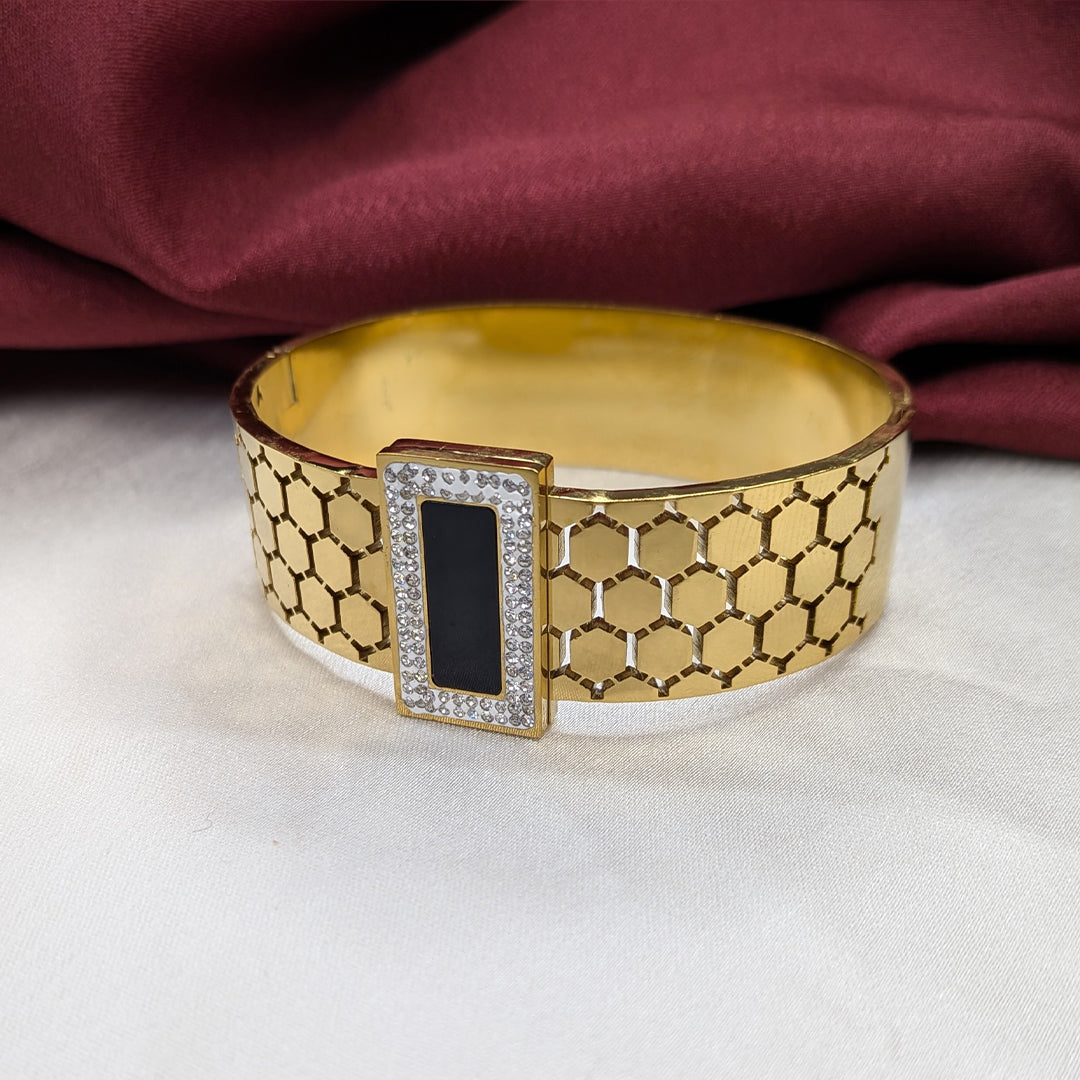 18K Gold Plated Hexa-Cut Cuff Bracelet with Enamel Centerpiece (Anti Tarnish)