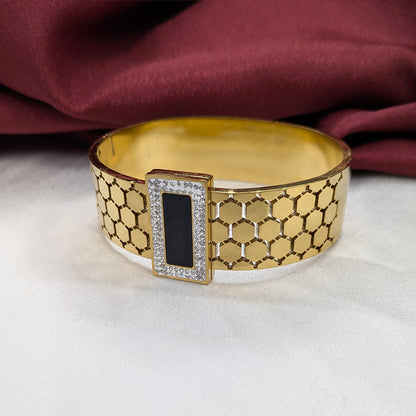 18K Gold Plated Hexa-Cut Cuff Bracelet with Enamel Centerpiece (Anti Tarnish)