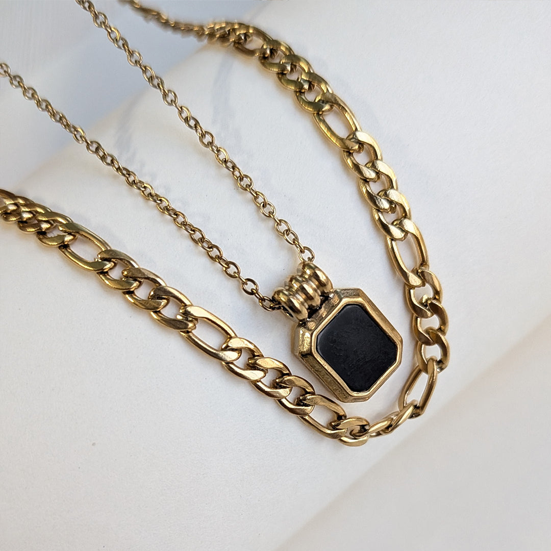 Minimalist Dual-Chain Necklace with Black Stone Pendant For Girls & Women