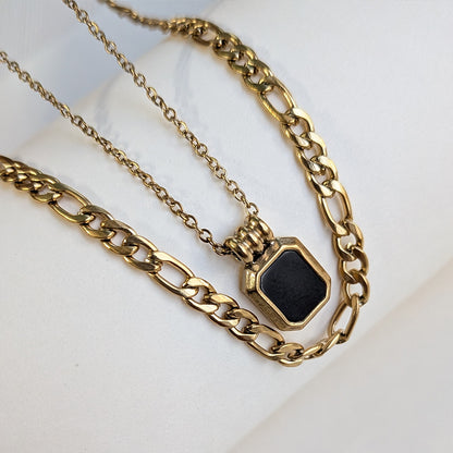Minimalist Dual-Chain Necklace with Black Stone Pendant For Girls & Women