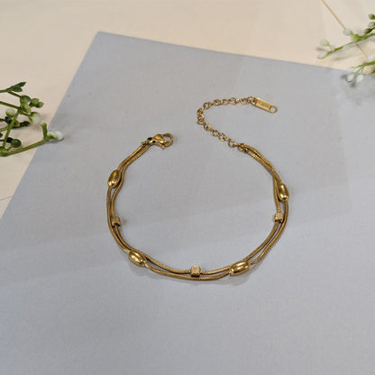 Gold Finish Designer Oval & Rectangle Beads Dual Chain Bracelet For Girls & Women (Anti-Tarnish)