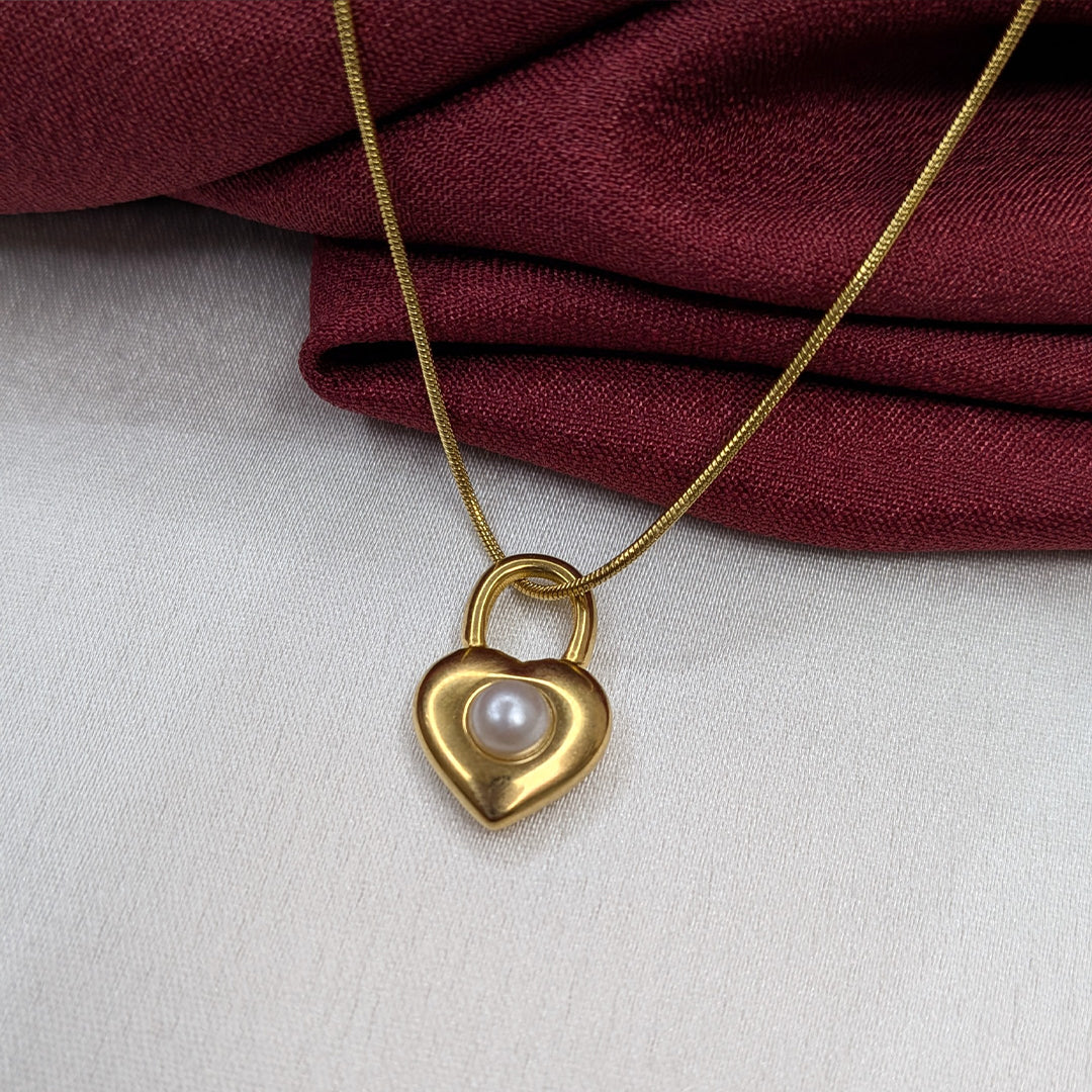 Gold Finish Heart Lock Pendant Necklace with Pearl Accent for Women