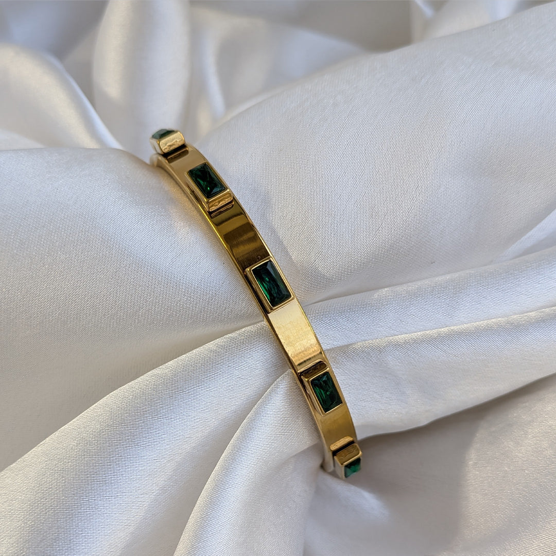 Gold Finish Chic Bracelet with Green Gemstone Embellishments For Girls & Women