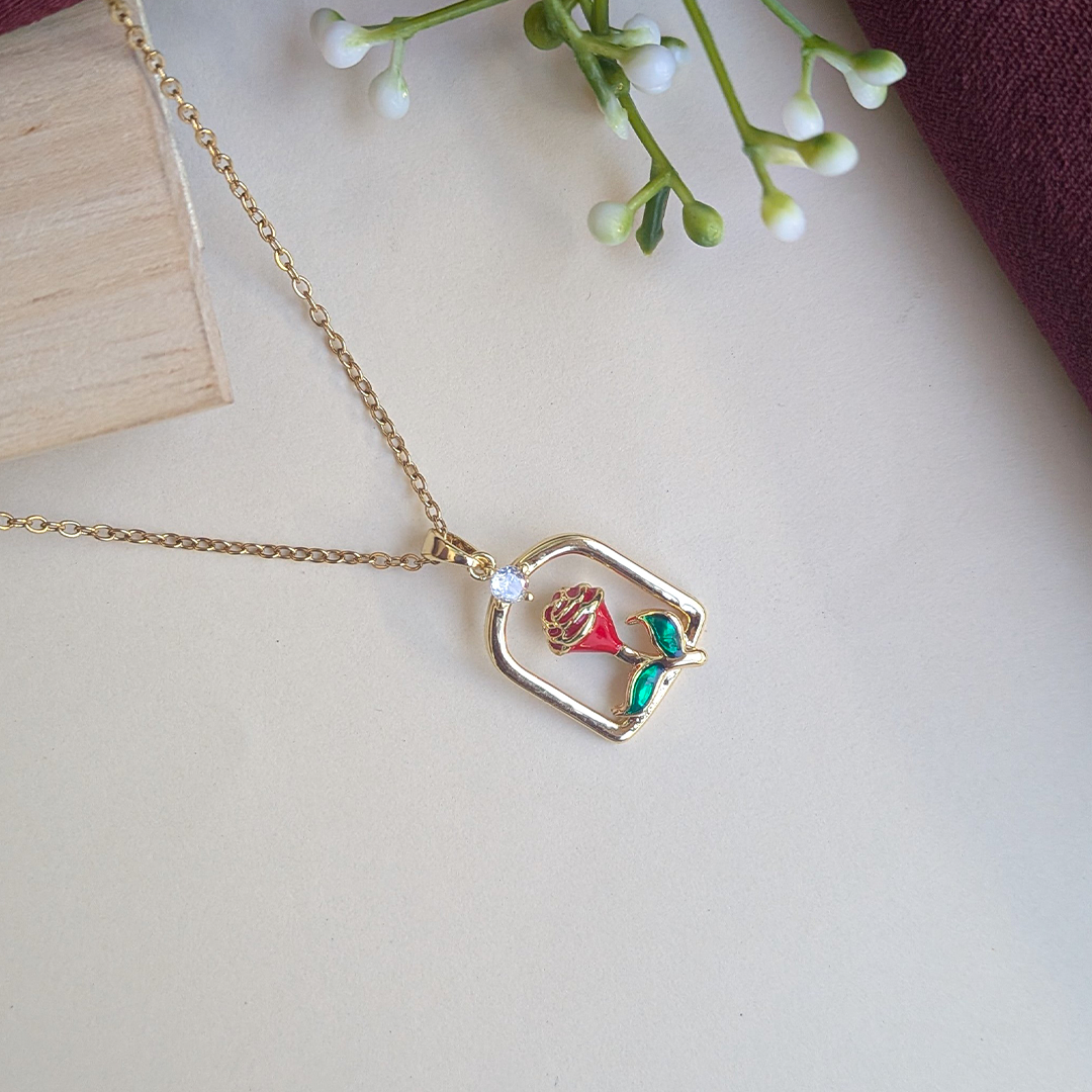 Gold Plated Red Rose Enamel Framed Pendant For Girls & Women