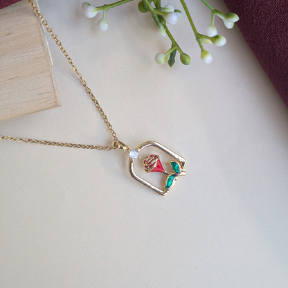Gold Plated Red Rose Enamel Framed Pendant For Girls & Women