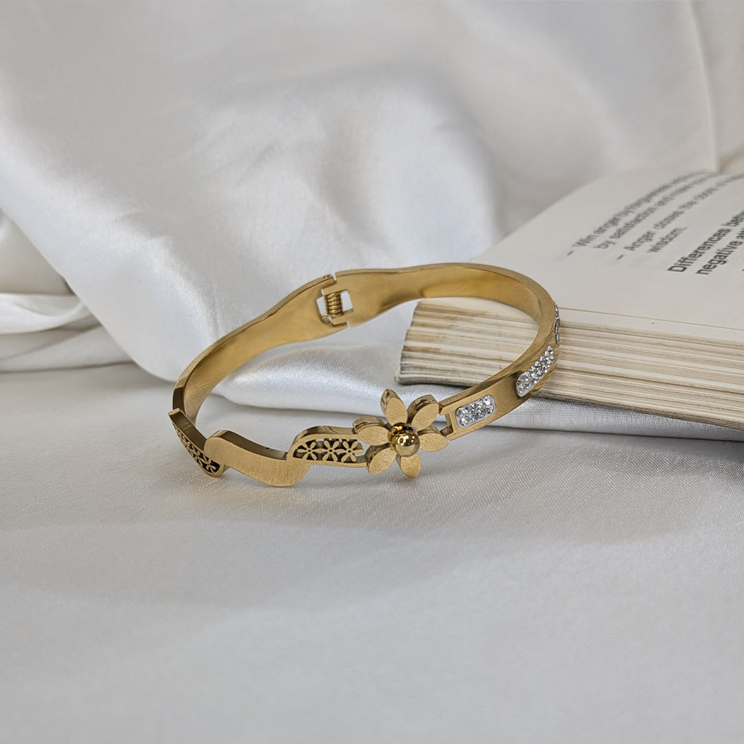Gold Finish Floral Bracelet with AD Stone Accents For Girls & Women