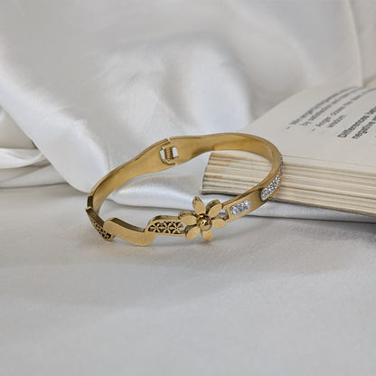 Gold Finish Floral Bracelet with AD Stone Accents For Girls & Women