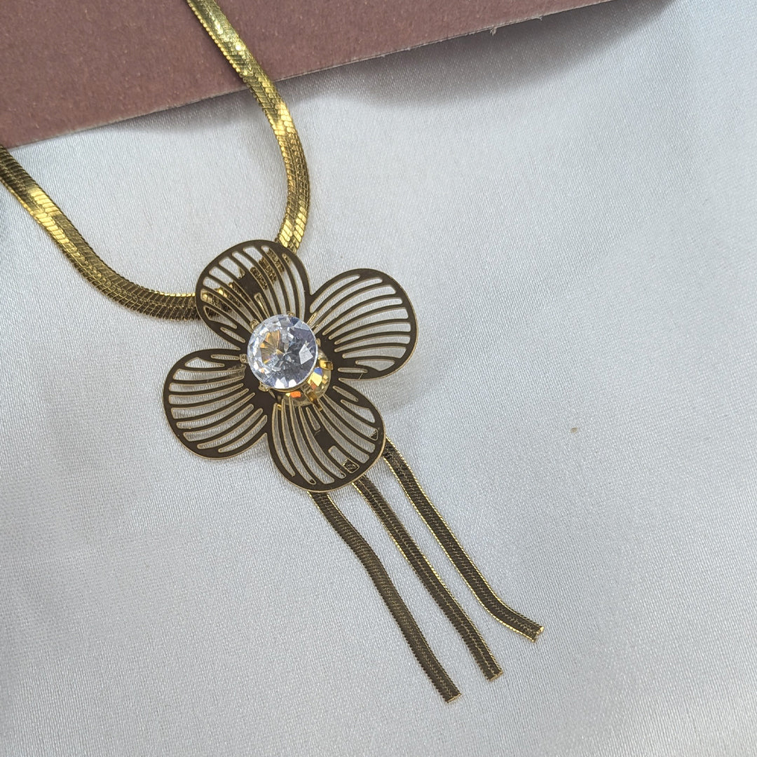 Gold Plated Four Leaf Floral Crystal pendant & Earring Set for Women