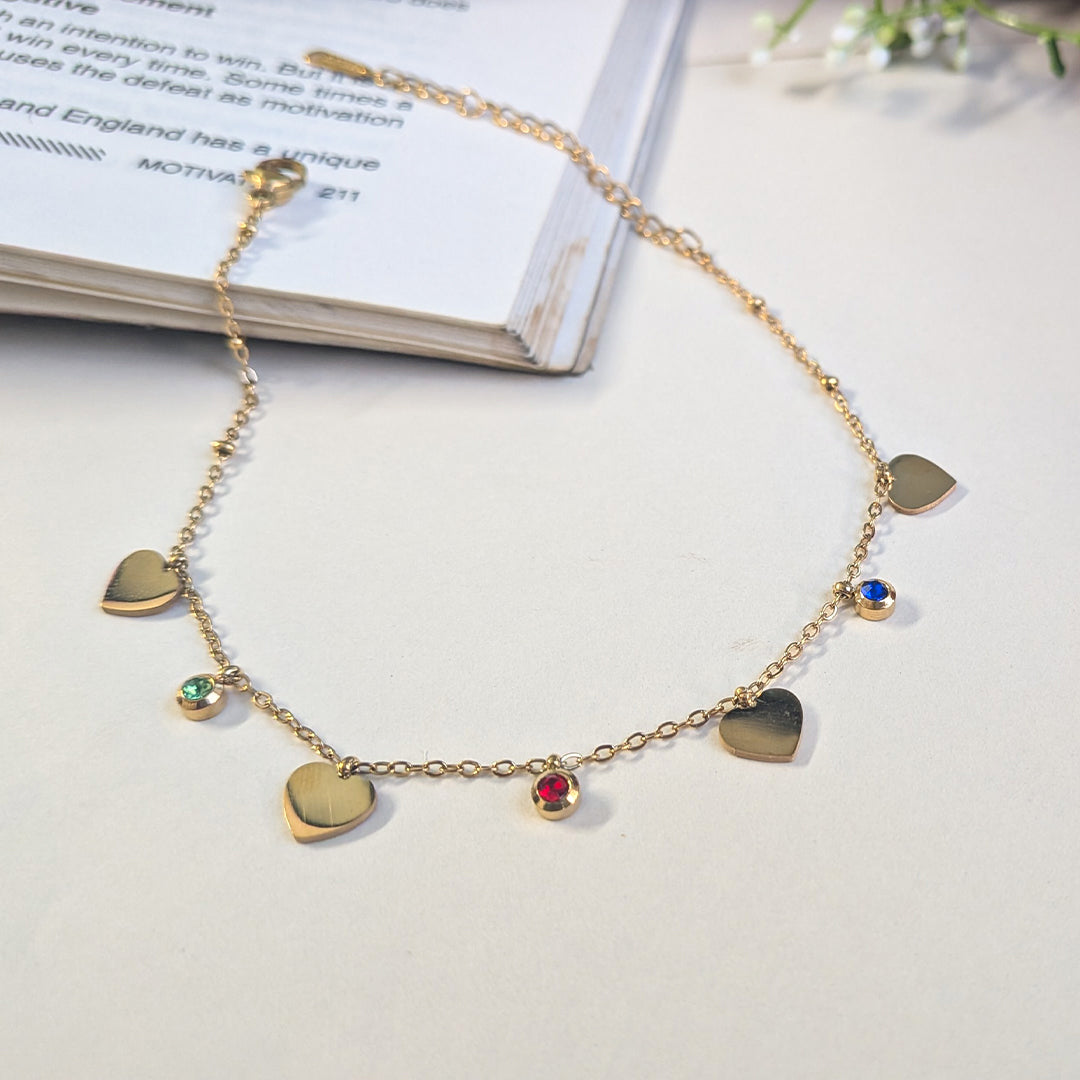 Gold Finish Heart Charm Anklet with Colorful Stones Accents For Girls & Women