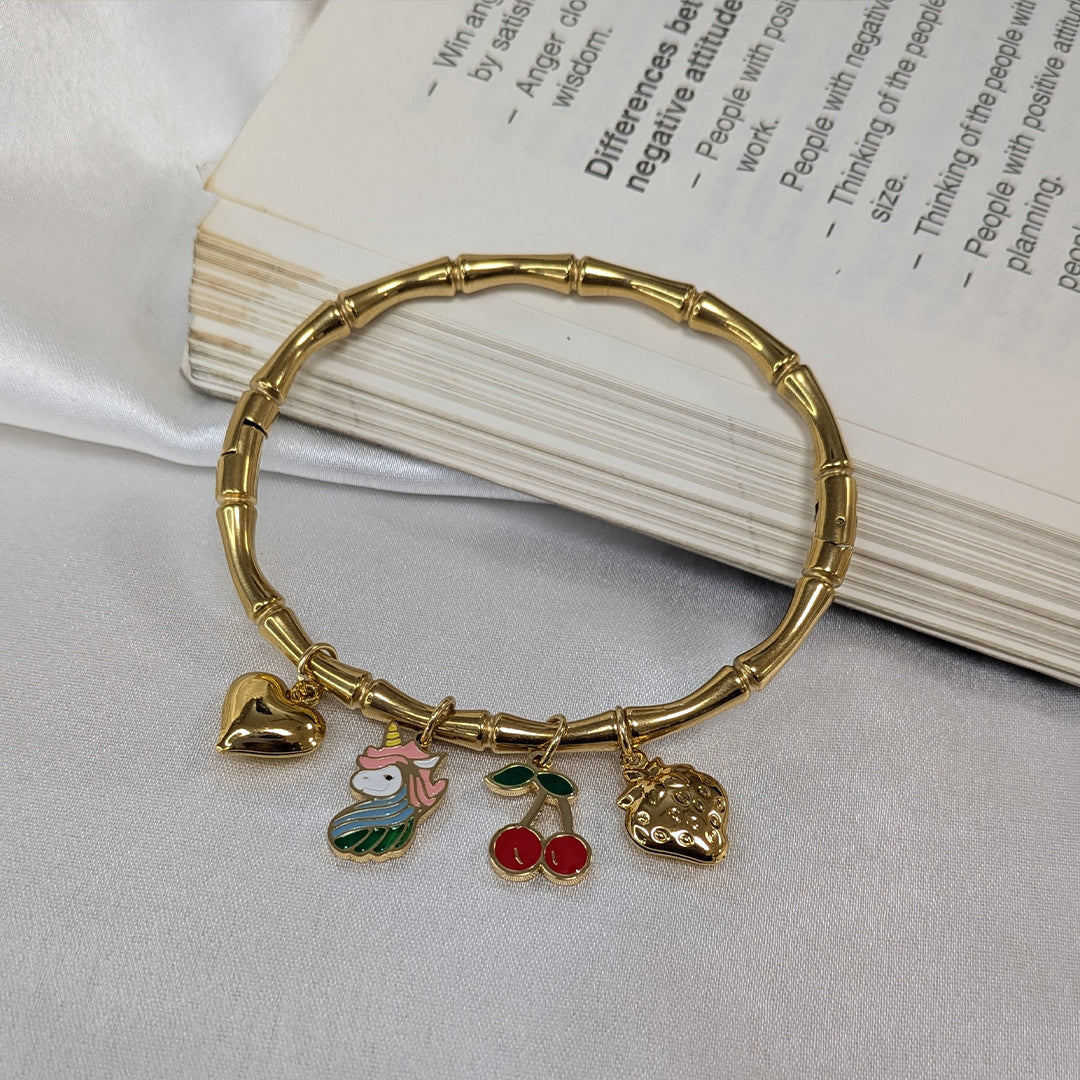 Gold Finish Unicorn & Fruit Charm Bracelet For Girls & Women