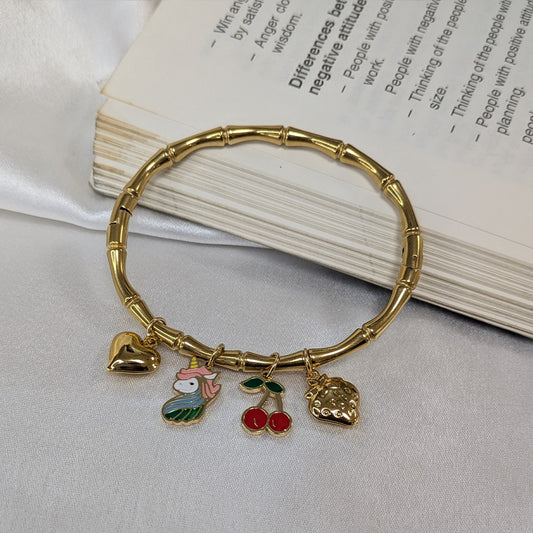 Gold Finish Unicorn & Fruit Charm Bracelet For Girls & Women