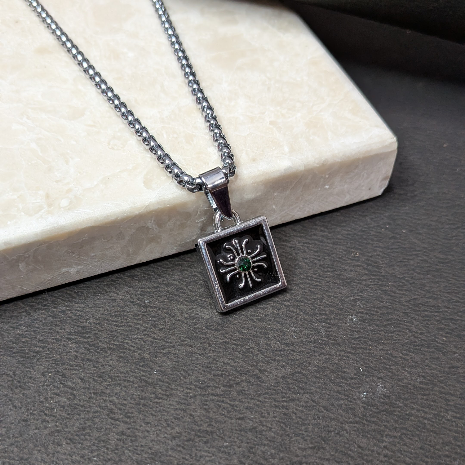 Square Sun Power With Green Stone Pendant for Men & Boys