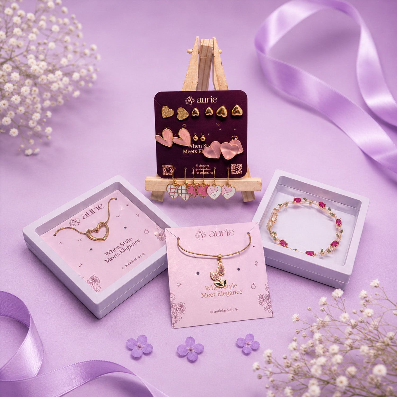Gold Finish Necklace, Bracelet & Stylish Earrings Set, Heart & Floral Design Jewellery Gift Box