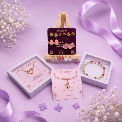 Gold Finish Necklace, Bracelet & Stylish Earrings Set, Heart & Floral Design Jewellery Gift Box