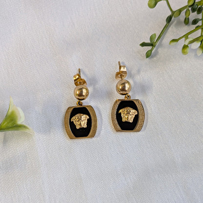 Gold-Tone Black Enamel Lion Head Statement Drop Earrings for Girls & Women