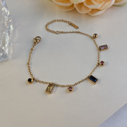 Gold Finish Chain Bracelet With Rectangle & Round Colored Gemstone Accents For Girls & Women