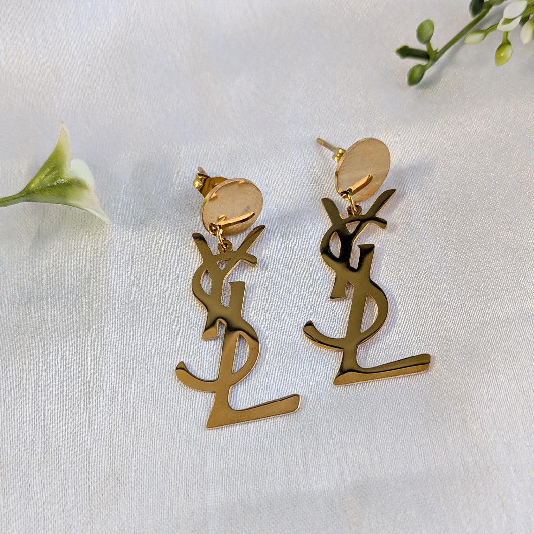Gold Tone Designer Brand Inspired Drop Earrings for Girls & Women