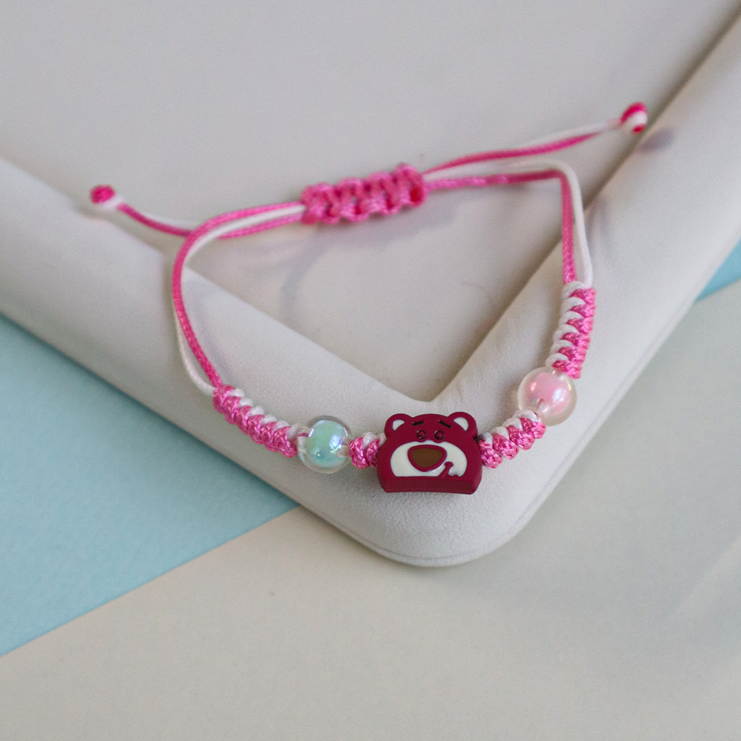 Pink Bear Kids Beaded Bracelet with Adjustable Strap
