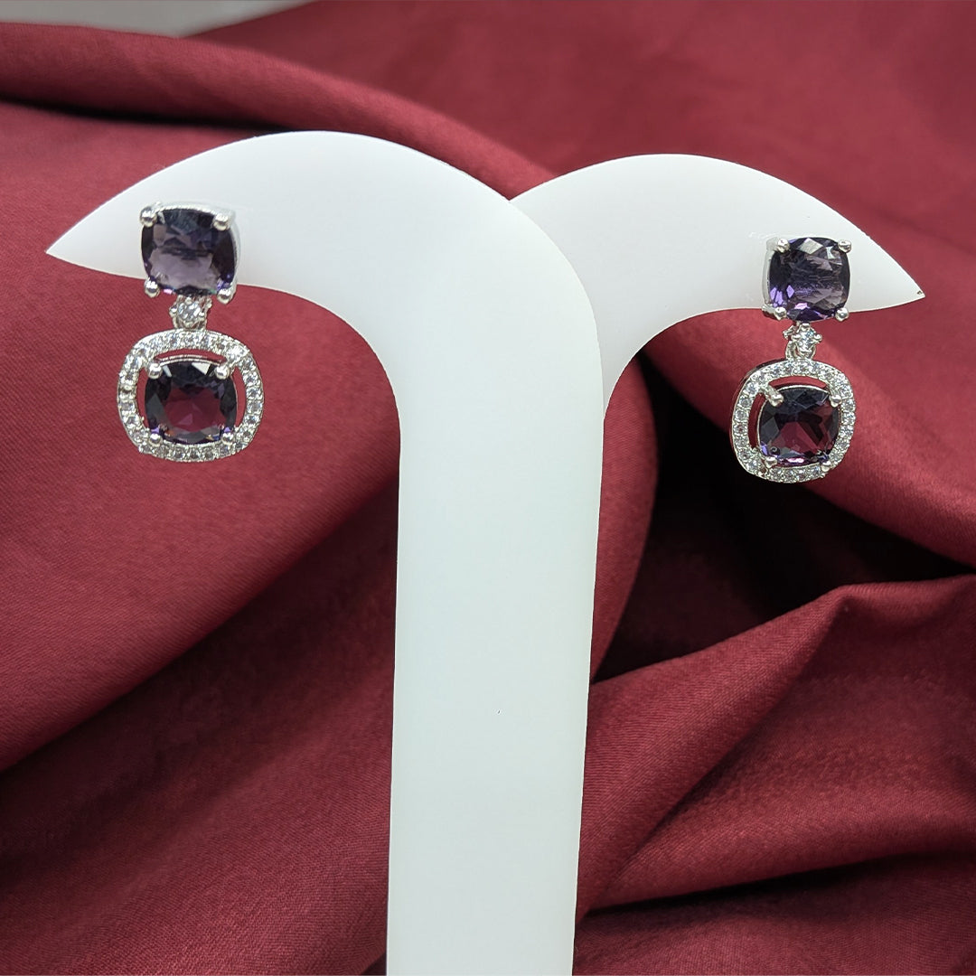 Silver Finish Elegant Cushion Cut AD Stone Drop Earrings for Girls & Women