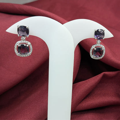 Silver Finish Elegant Cushion Cut AD Stone Drop Earrings for Girls & Women