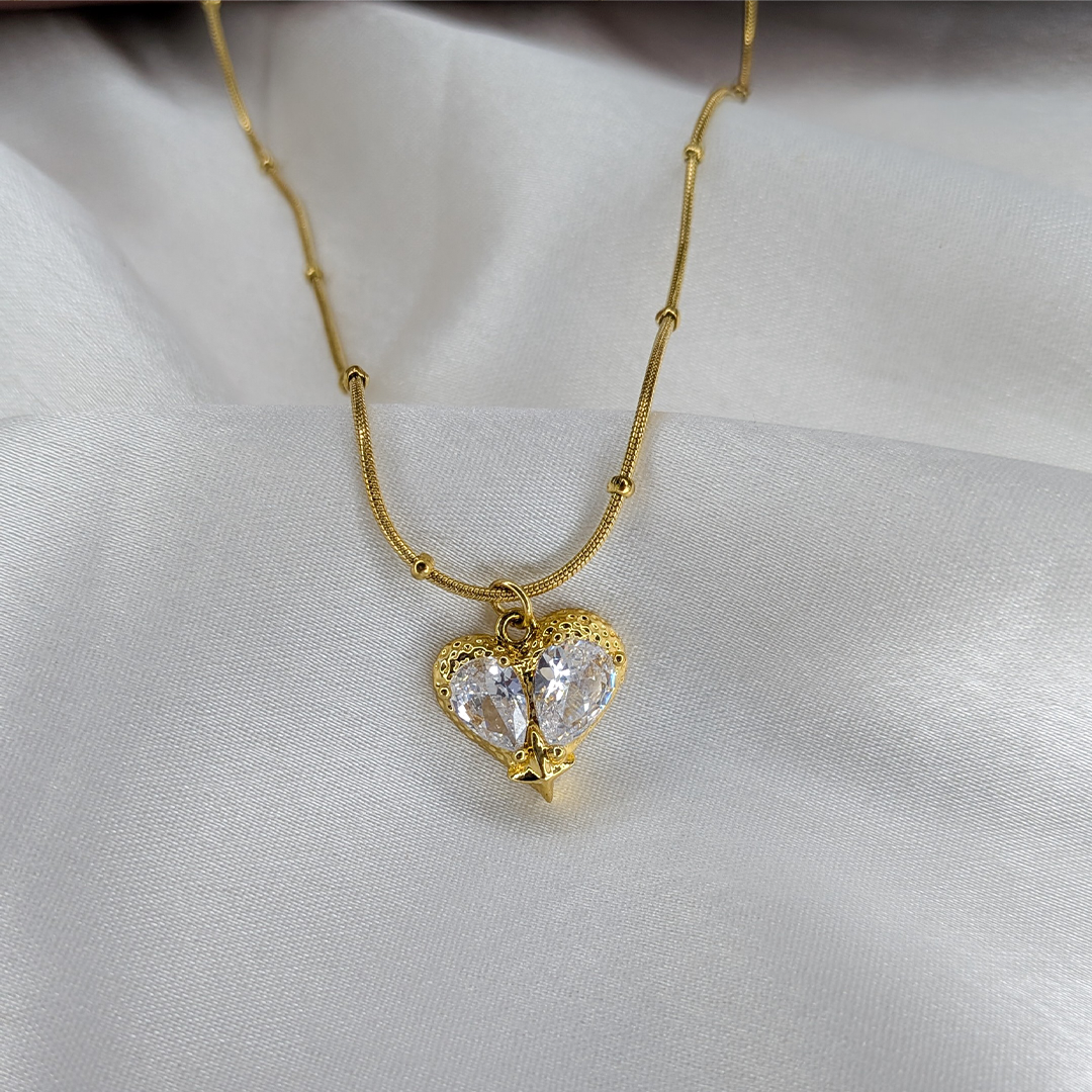 Gold Plated Dual Stone & Star Heart Stainless Steel Pendant For Girls & Women