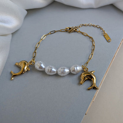 Gold Plated Dolphin & Freshwater Pearl Charm Bracelet for Girls & Women