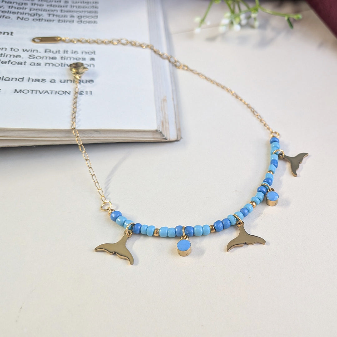 Gold Tone Blue Beaded Mermaid Tail Anklet For Girls & Women