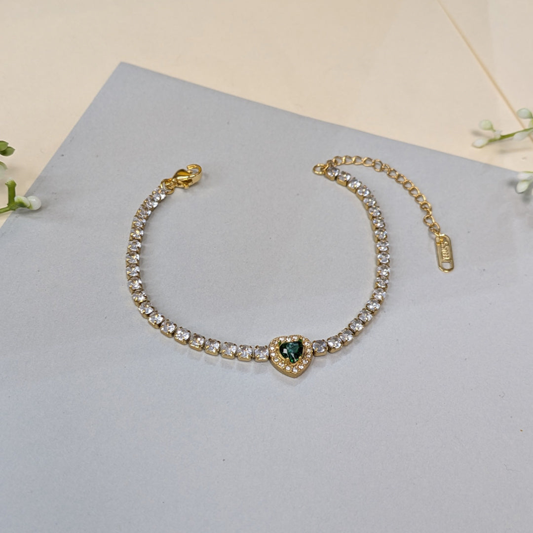 Gold Finish Green Heart Crystal Tennis Bracelet For Girls & Women (Anti-Tarnish)