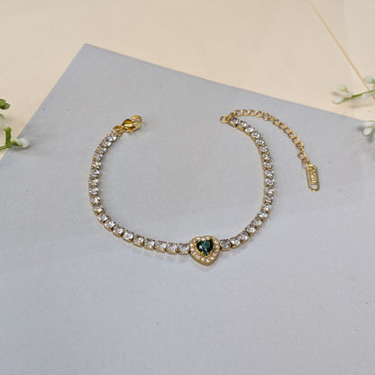 Gold Finish Green Heart Crystal Tennis Bracelet For Girls & Women (Anti-Tarnish)