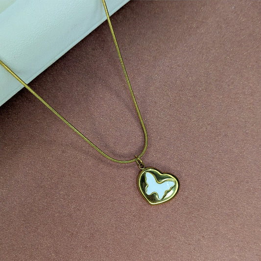 Delicate Gold Heart with Butterfly Enamel Pendant For Girls & Women