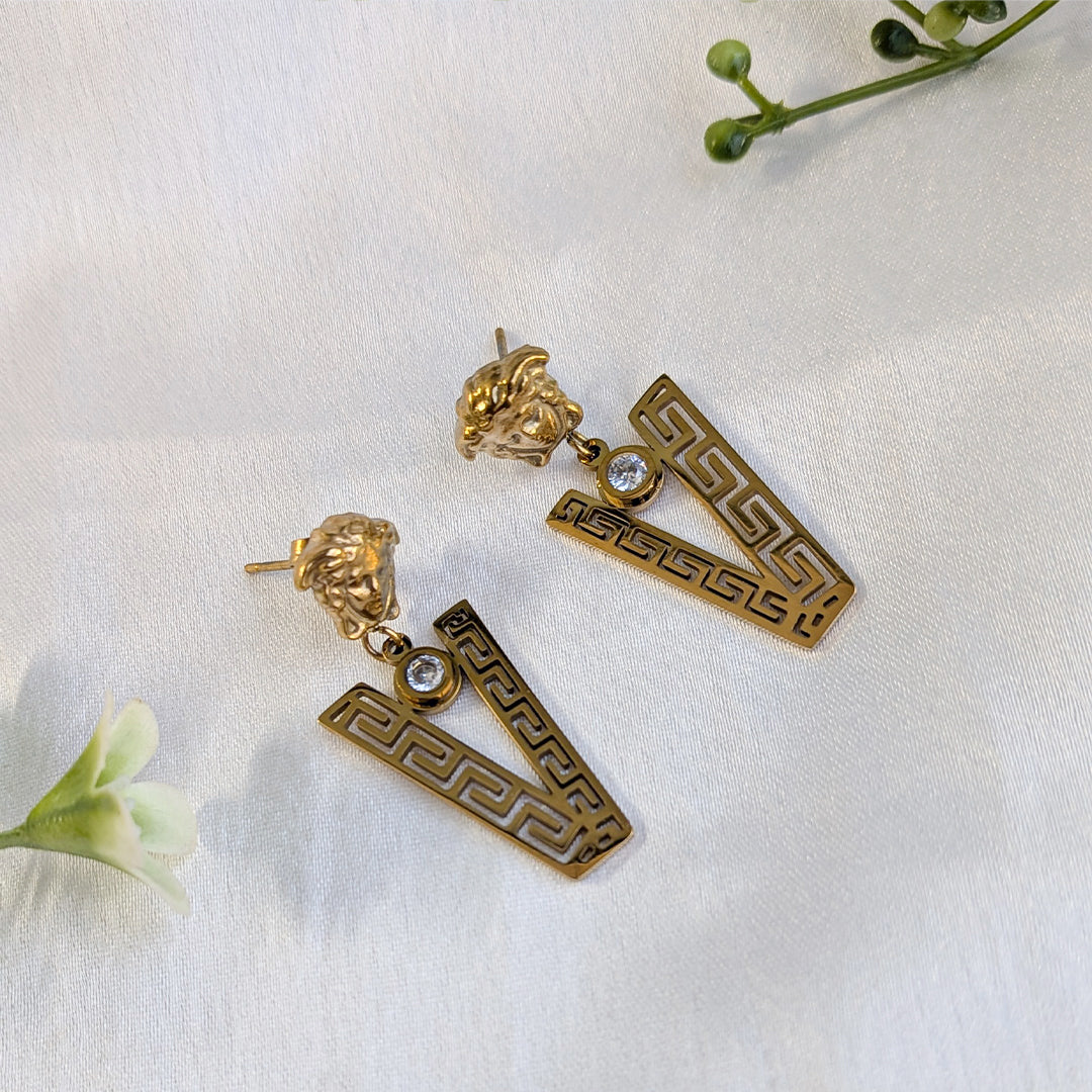 Gold Tone Elegant Greek Key Pattern Statement Earrings for Girls & Women