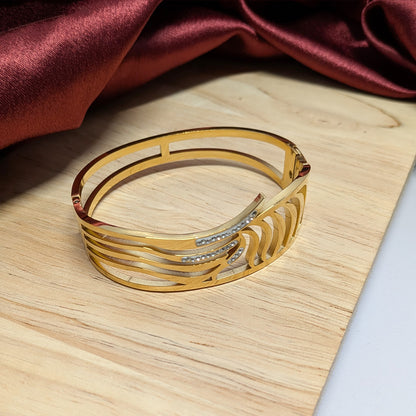 Gold Plated Leaf Design Open Cuff Bracelet with AD Stones for Women & Girls