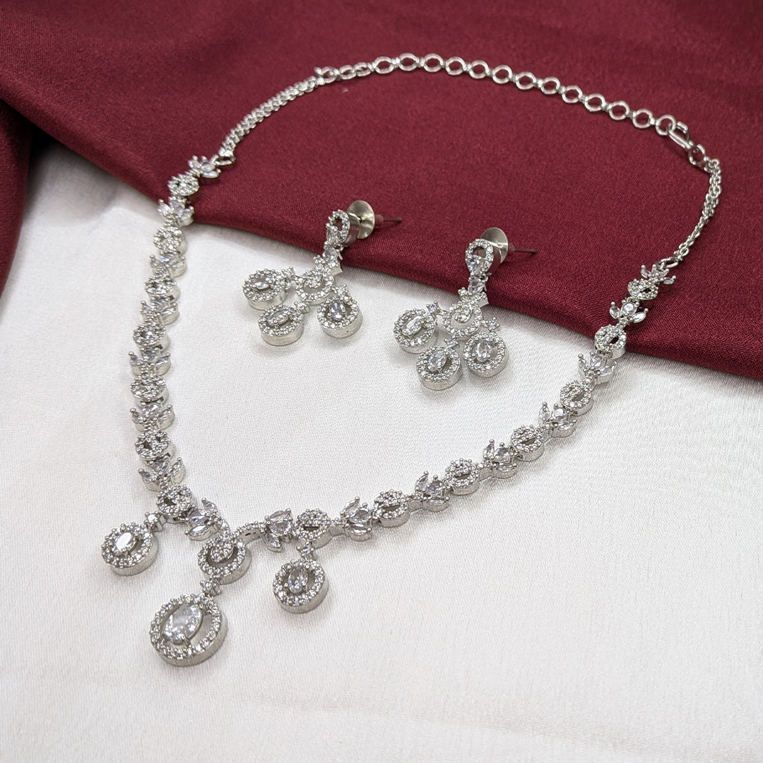 Silver Tone American Diamond Circular Drop Necklace Set with Matching Earrings