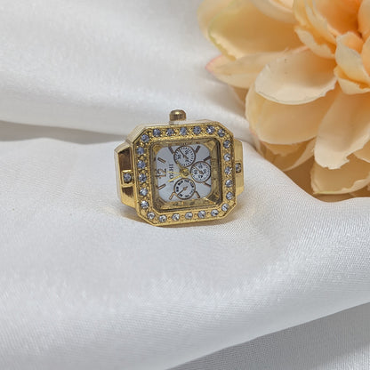 American Diamond Square Dial Adjustable Ring Watch for Men & Women