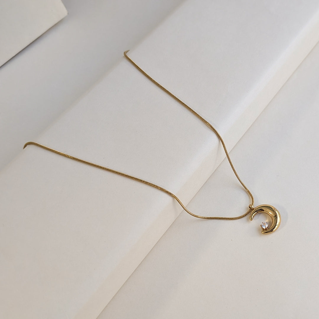 Gold Plated Crescent Moon Zircon Pendant For Girls & Women