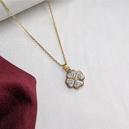 18k Gold Finish Clover Pendant With Crystal Hearts For Girls & Women