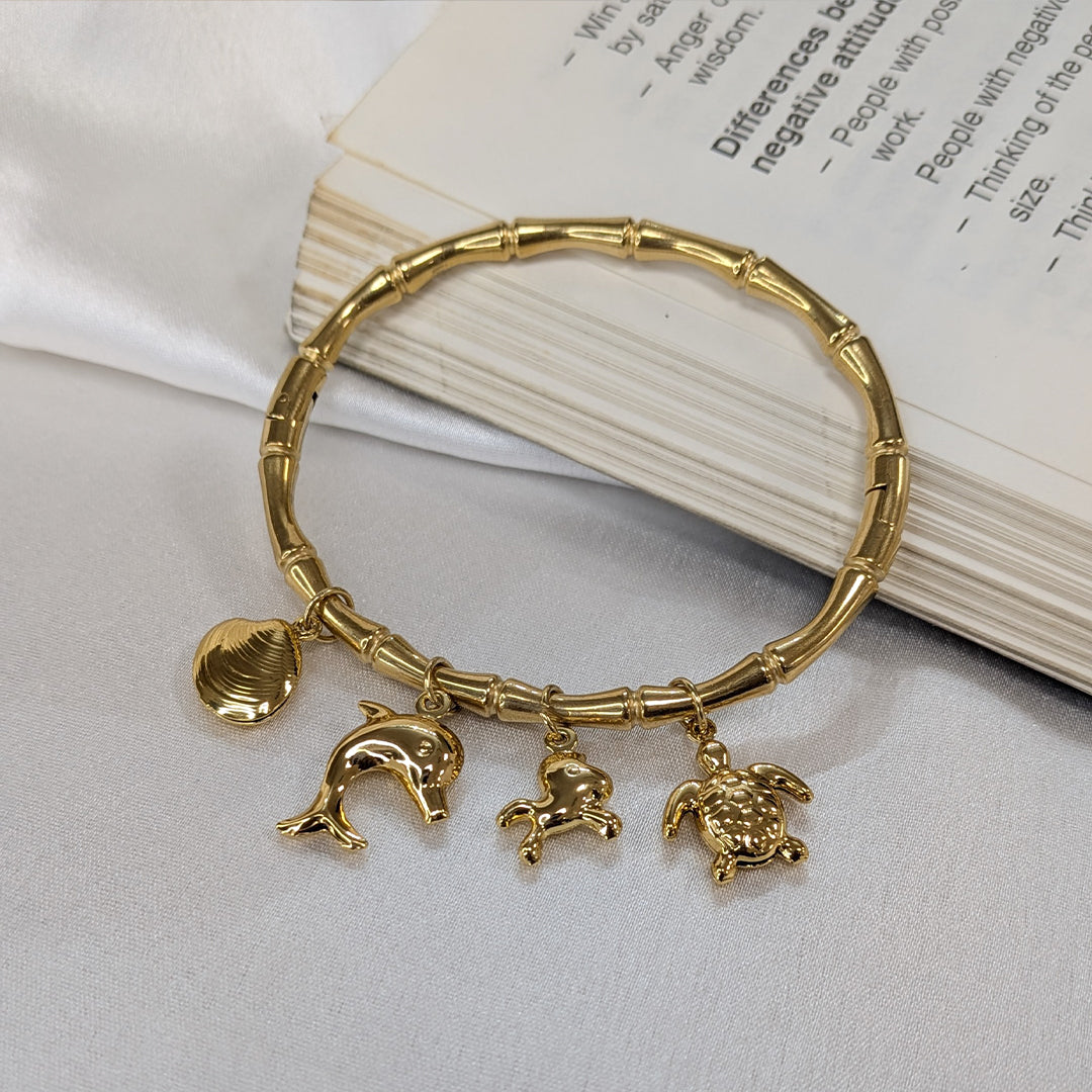 Gold Finish Ocean Life Charm Bracelet For Girls & Women