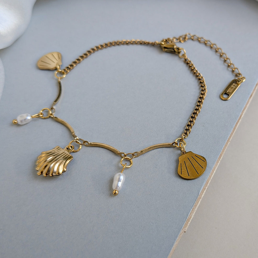 Gold Plated Elegant Shell & Freshwater Pearl Charm Bracelet For Girls & Women