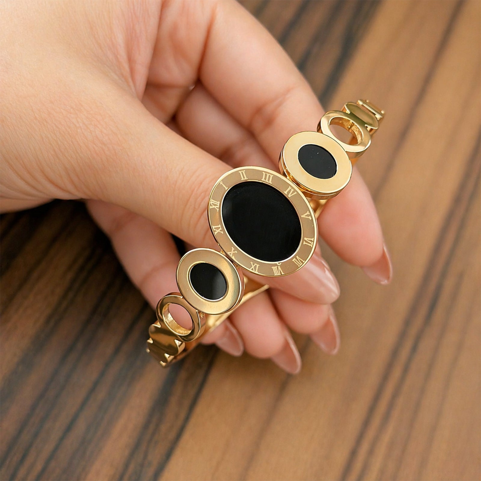 18K Gold Plated Black Enamel Circle Charm Bracelet for Women & Girls