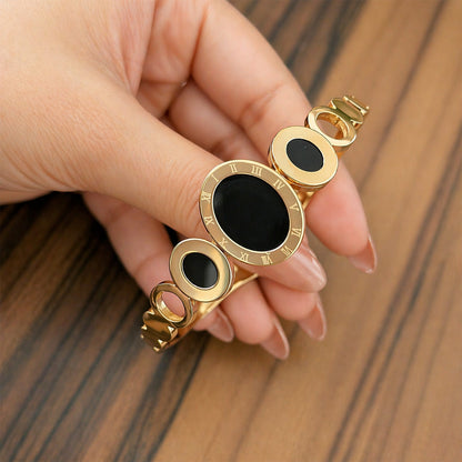 18K Gold Plated Black Enamel Circle Charm Bracelet for Women & Girls