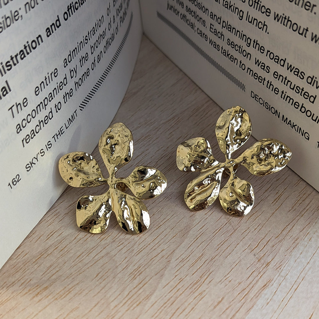 Gold Tone Textured Flower Stud Earrings For Girls & Women (Anti-Tarnish)