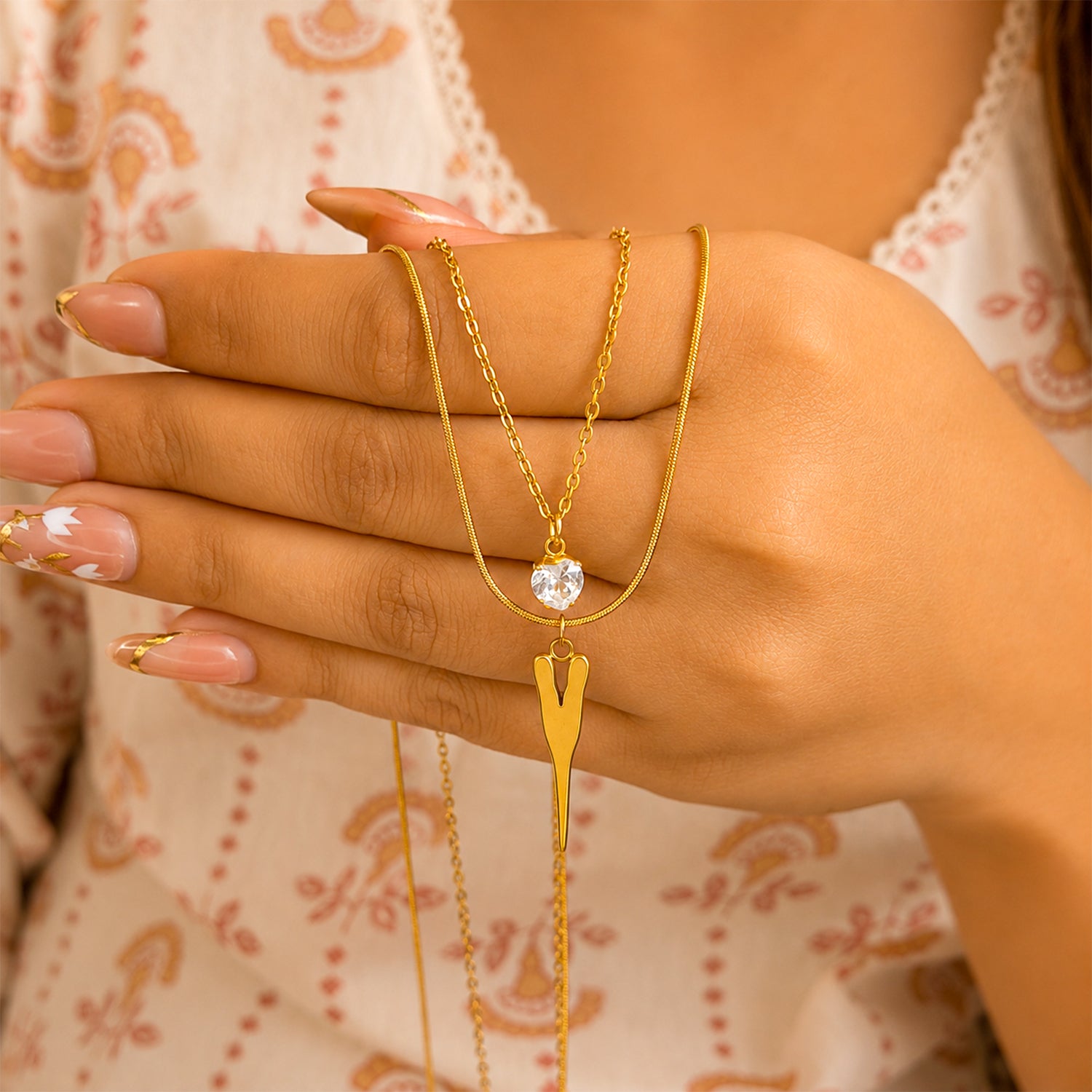V Shaped Bar & Crystal Stone Dual Layered Pendant For Girls & Women's