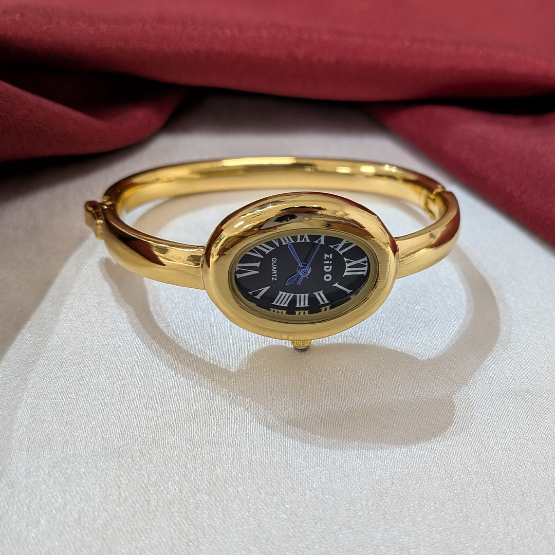 Elegant Oval Dial Analog Watch with Gold Tone Band Bracelet for Girls & Women