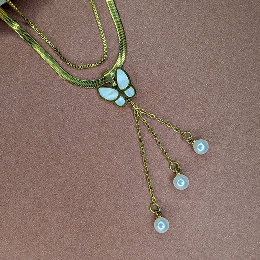 Gold Finish Layered Butterfly Charm With Pearl Pendant For Girls & Women